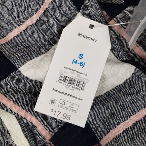 Time and Tru Maternity Misses Small Woven Button Up Top  Blue Plaid Shirt - Picture 9 of 10
